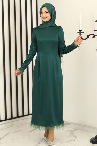 Tüy Detay Saten Kalem Abiye Elbise Zümrüt - Fashion Showcase Design - FSC3016 