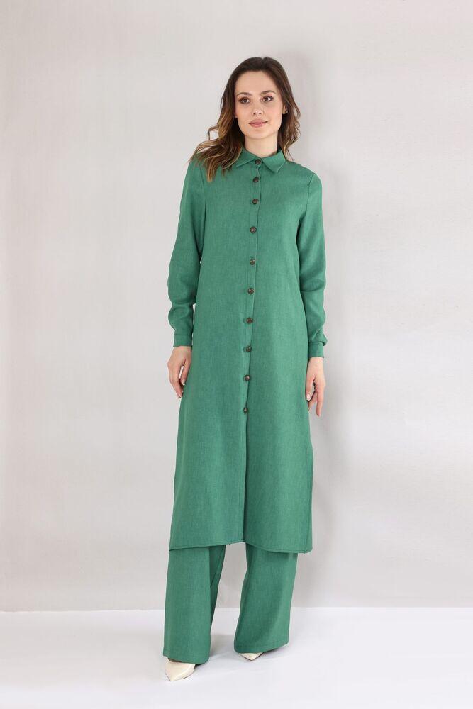 Uzun Keten Tunik - Yeşil - FSC3121 - Fashion Showcase Design