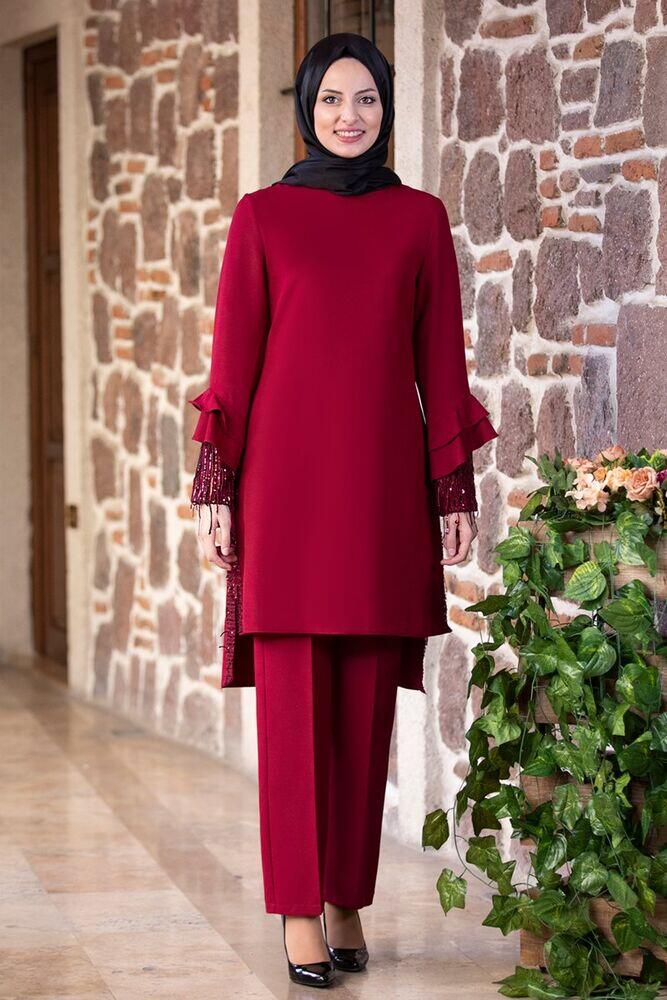 Volan Kol Payet Detay Tunik & Pantolon Takım Bordo FSC2034 