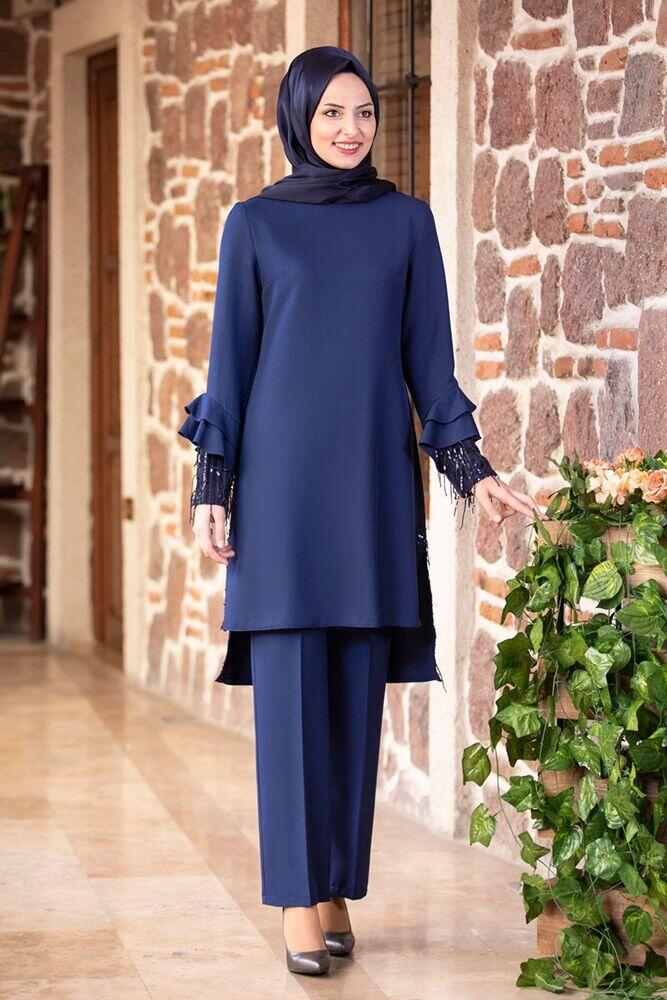 Volan Kol Payet Detay Tunik & Pantolon Takım İndigo FSC2034 