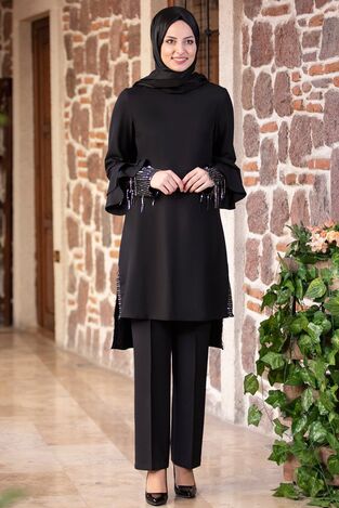 Volan Kol Payet Detay Tunik & Pantolon Takım Siyah FSC2034 