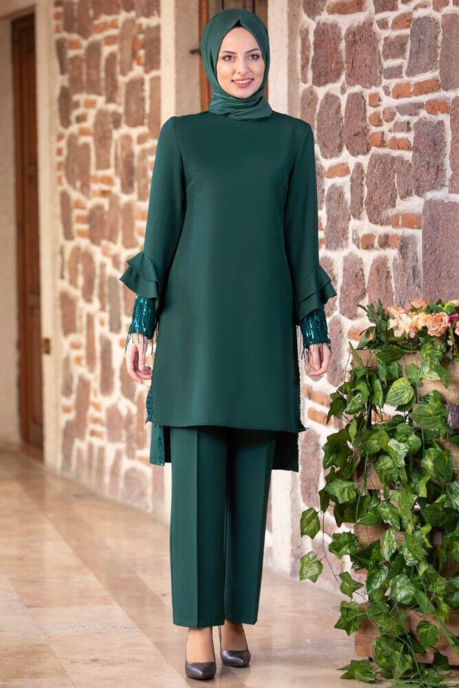 Volan Kol Payet Detay Tunik & Pantolon Takım Zümrüt FSC2034 