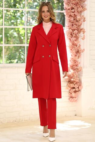 Zarif Ceket Pantolon İkili Takım Kırmızı - Elben Tesettür Giyim - ELN1012 